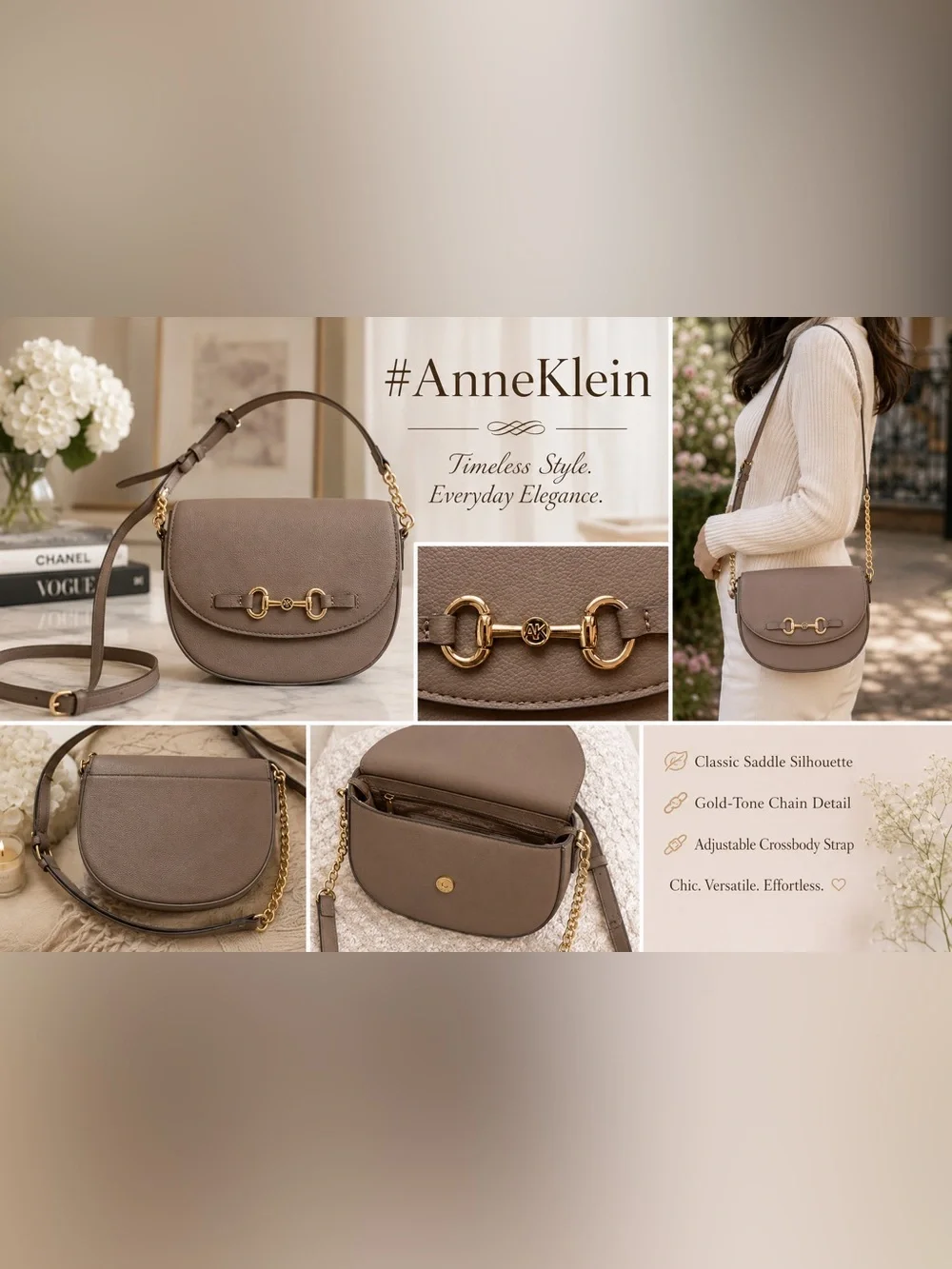 Anne Klein Taupe Crossbody Saddle Bag with Gold Hardware